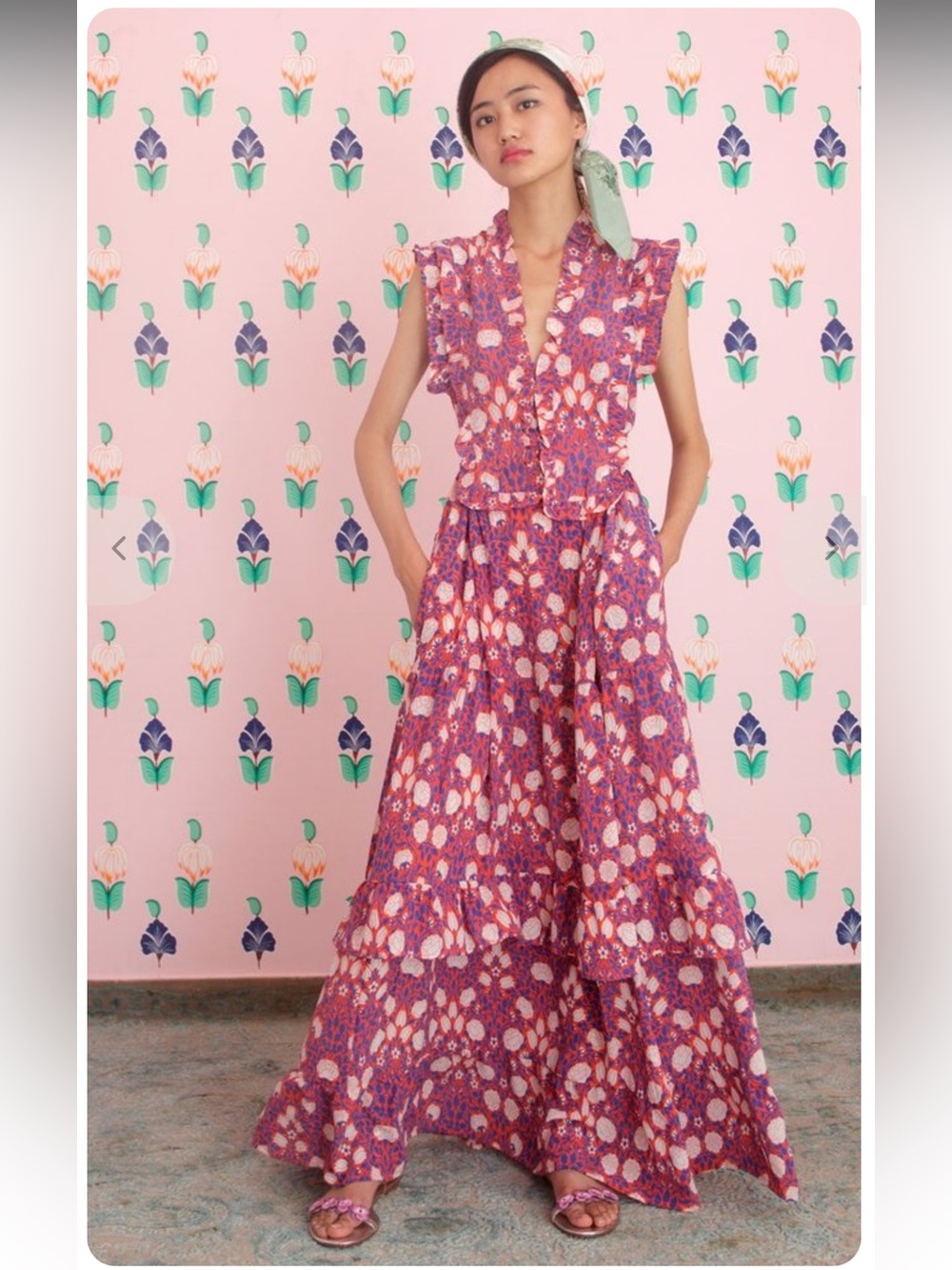 Banjanan Cordelia Floral Ruffle Maxi Dress Cottagecore Silk Designer Small